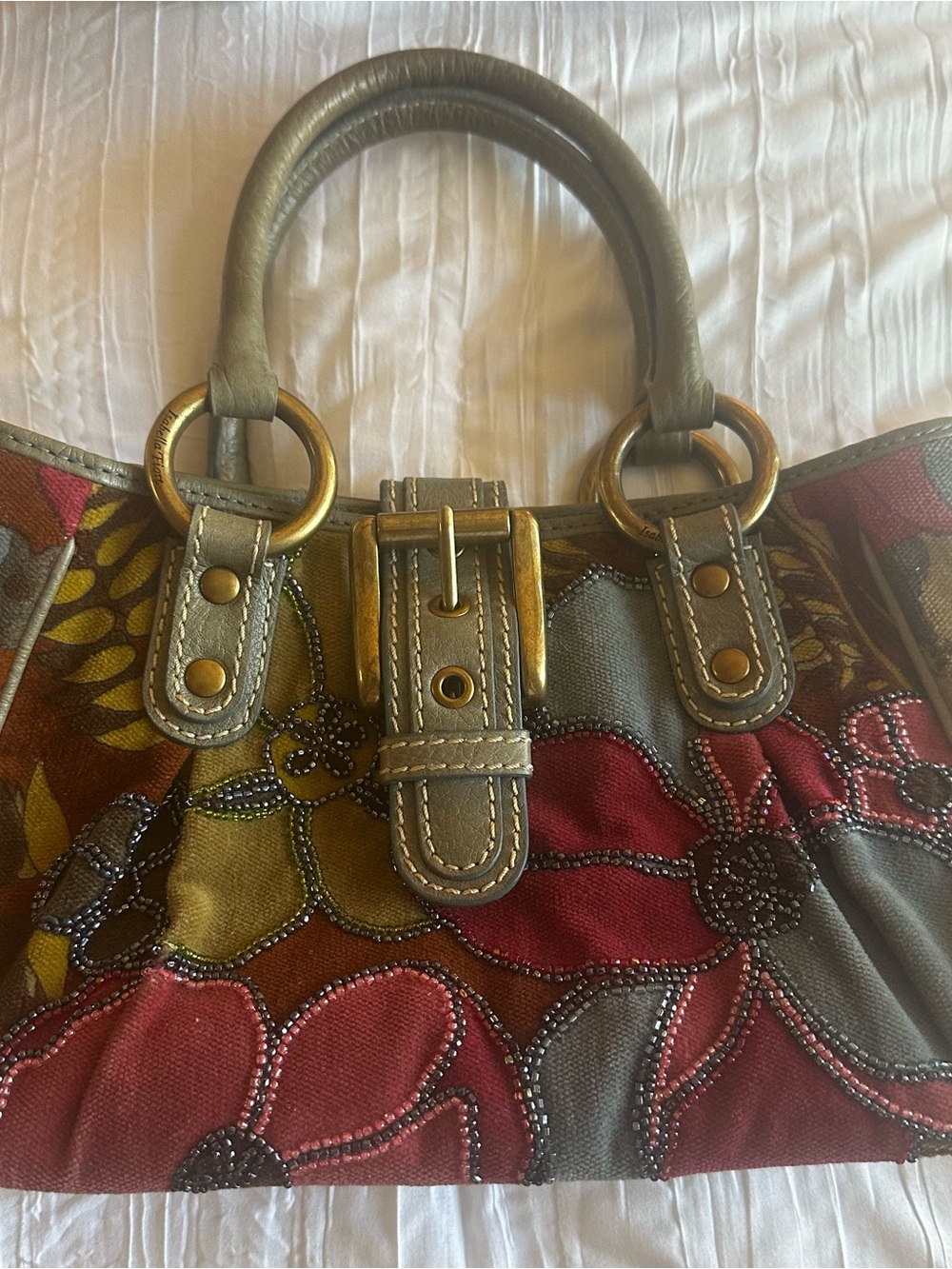 Isabella Fiore Multicolor Floral Embroidered Shoulder Bag with Gray Trim